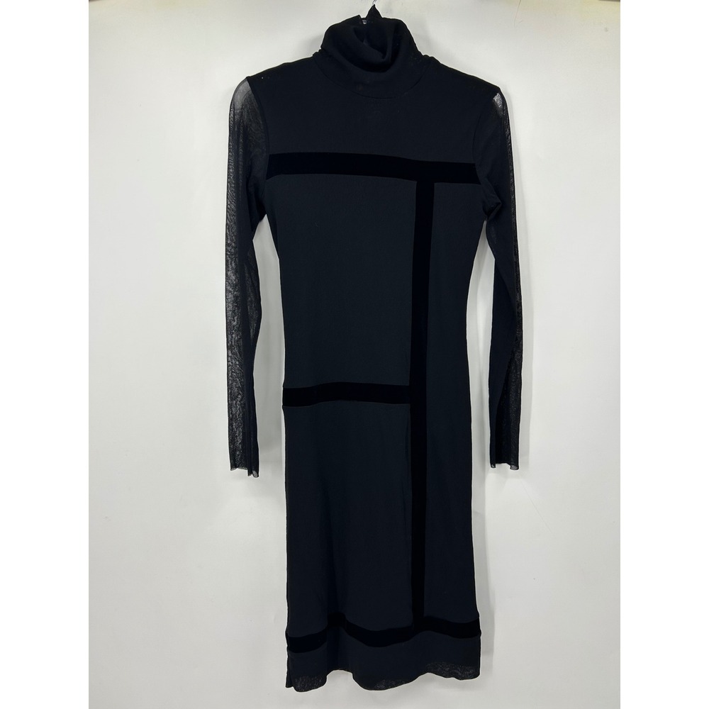 VTG Fuzzi Black Mesh Turtleneck Dress Geometric Velvet Trim Long Sleeve Italy L